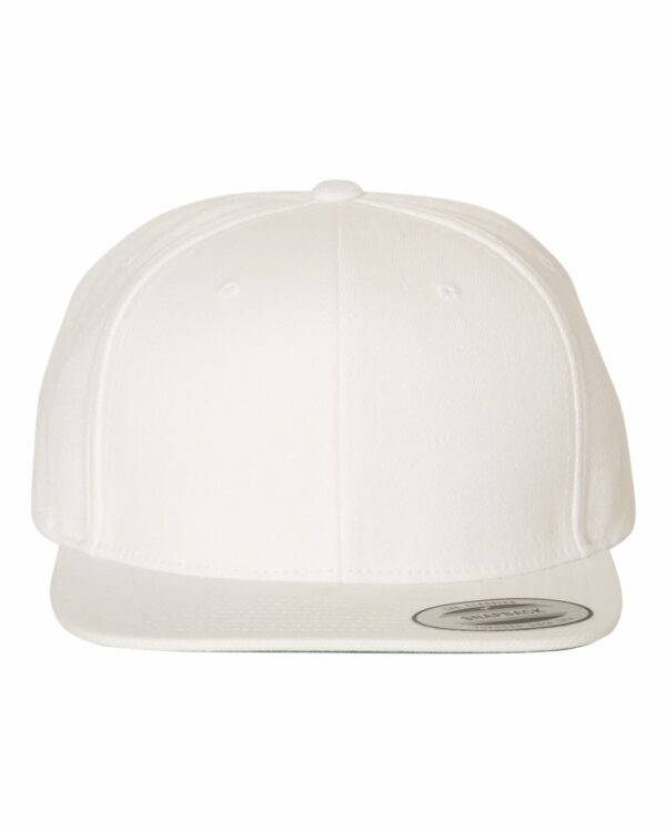 A stylish Yupoong 5-panel flat bill snapback cap, ideal for business and brand owners.