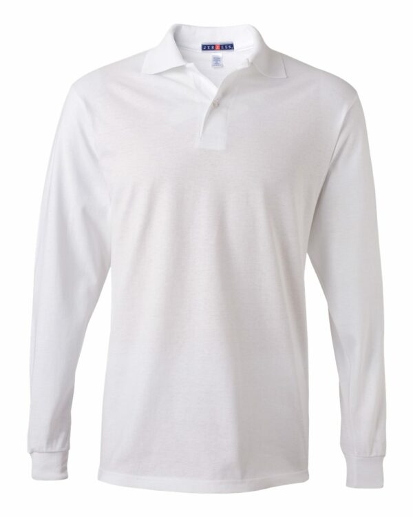 JERZEES SpotShield® 50/50 Long Sleeve Polo - 437MLR in various colors, showcasing long sleeves and high-quality fabric.