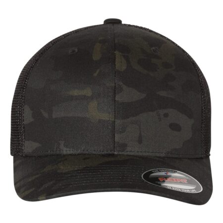 Flexfit 6511 Trucker Fitted Hat with custom embroidery and flat bill