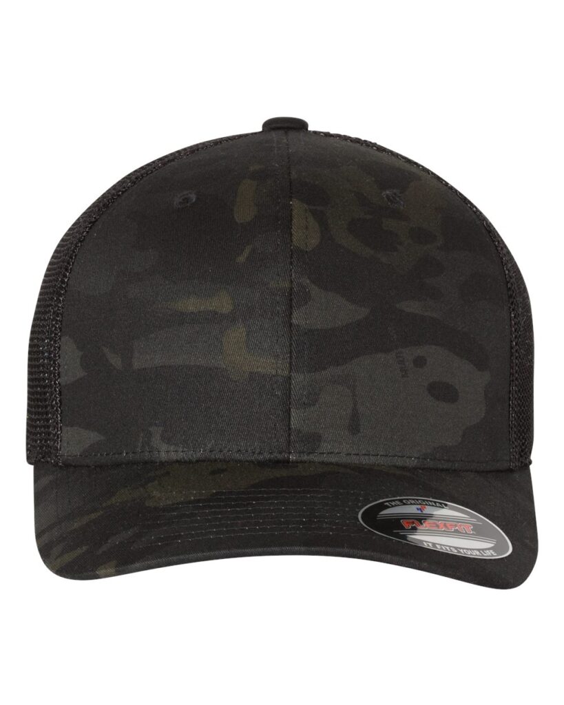 Flexfit 6511 Trucker Fitted Hat with custom embroidery and flat bill