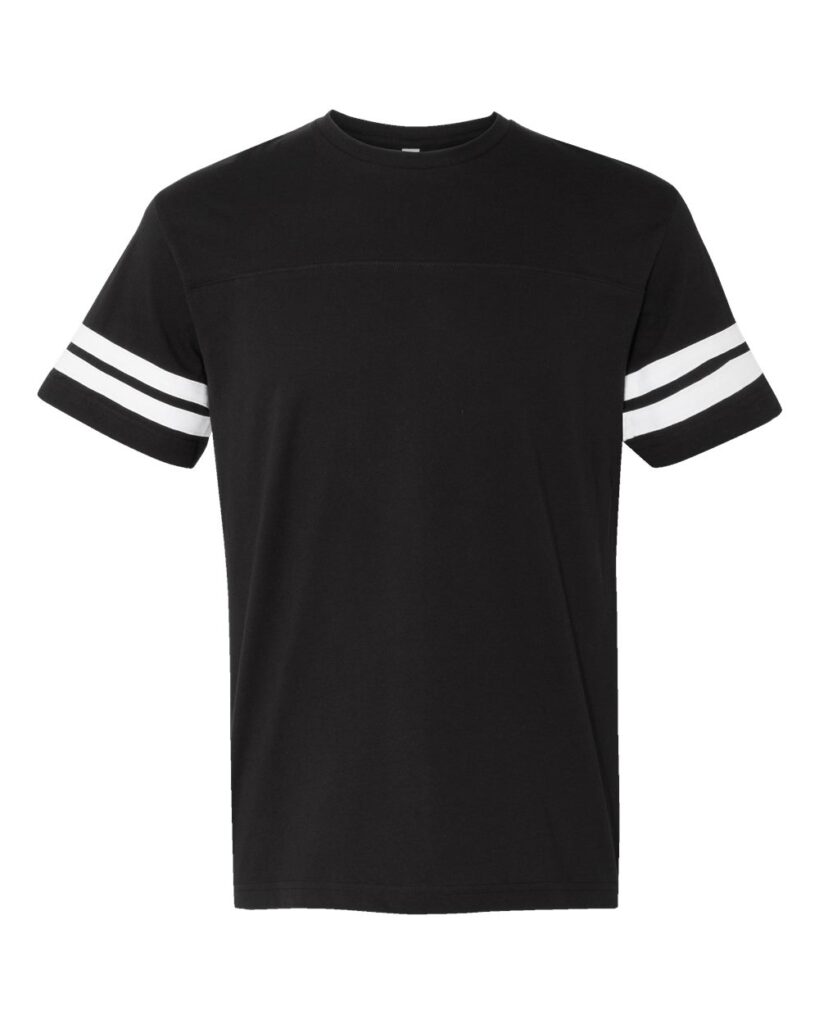Custom logo football jersey tee with contrast sleeve stripes for business and team branding