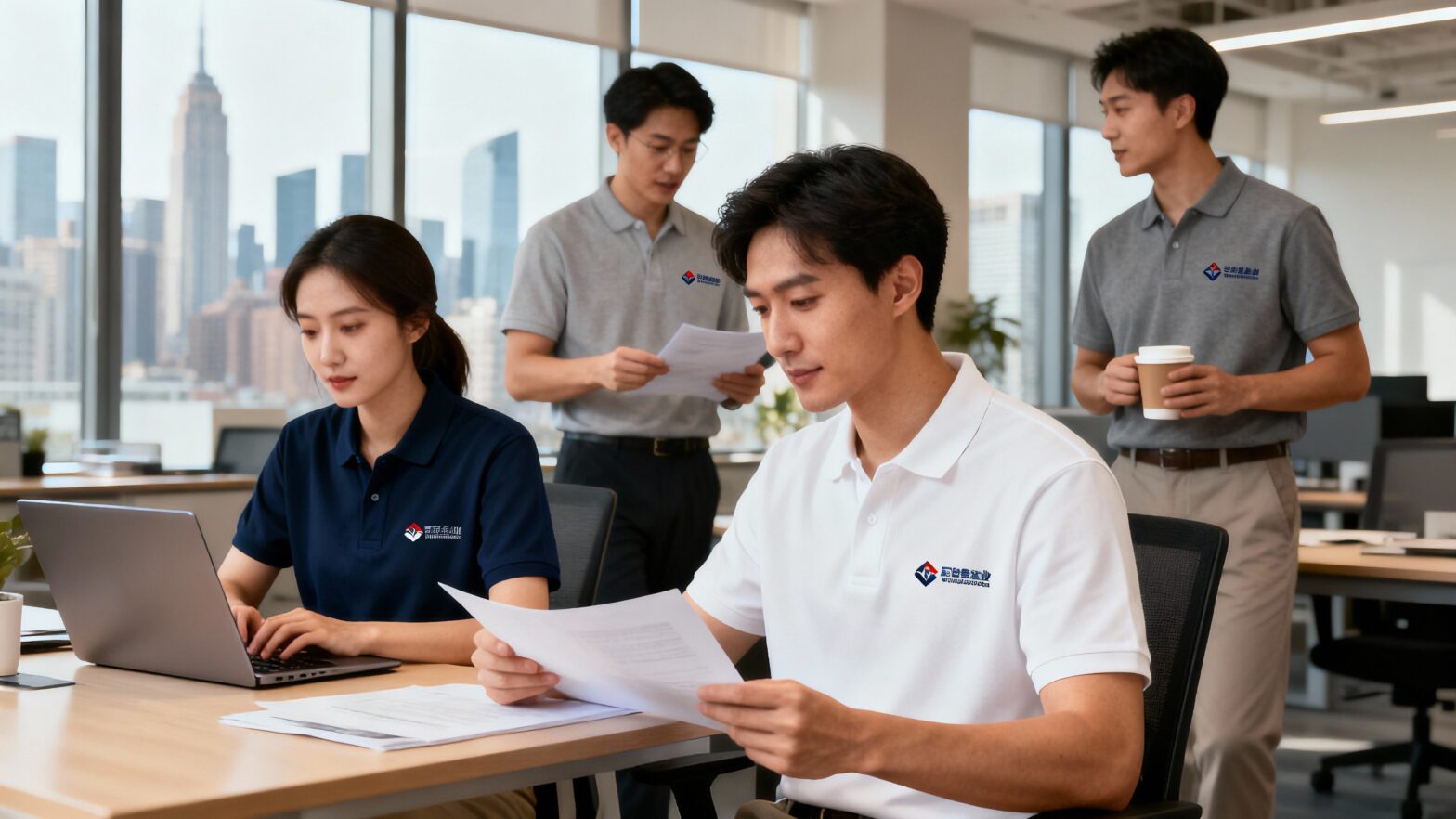 Office team wearing custom embroidered polo shirts from polo shirt buying guide recommendations