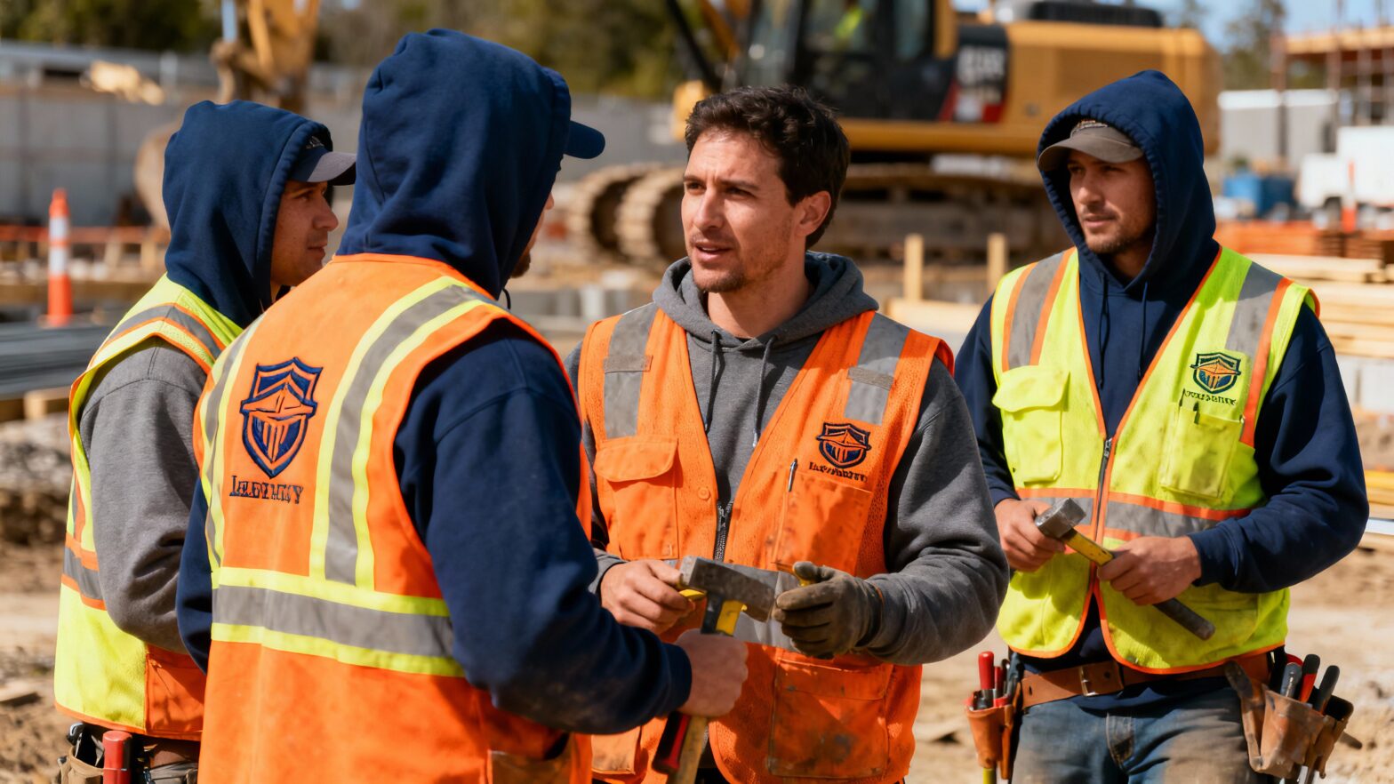 Construction crew wearing professional branded uniforms and high visibility gear at commercial job site