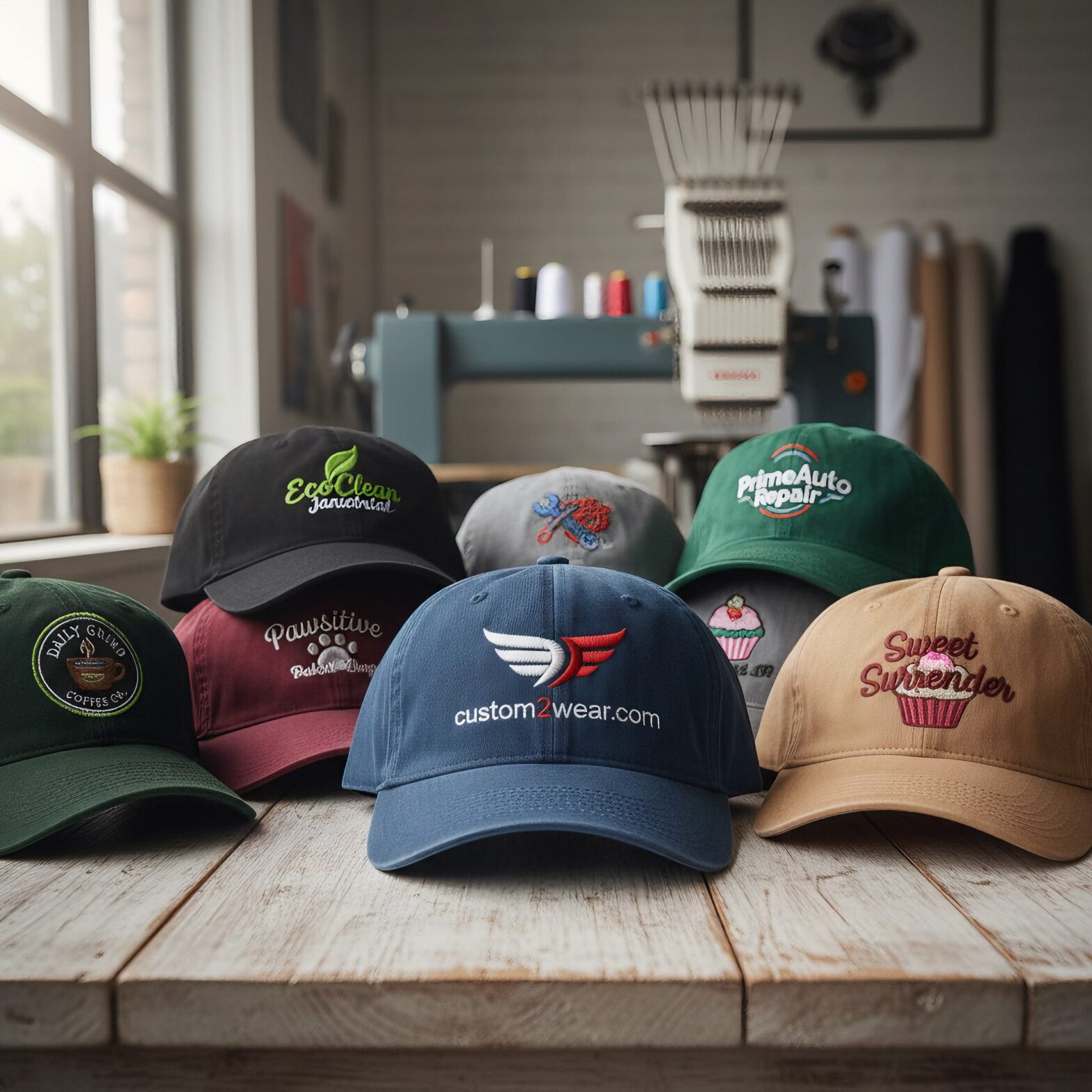 Collection of custom embroidered hats including dad hats trucker caps and snapbacks in various colors