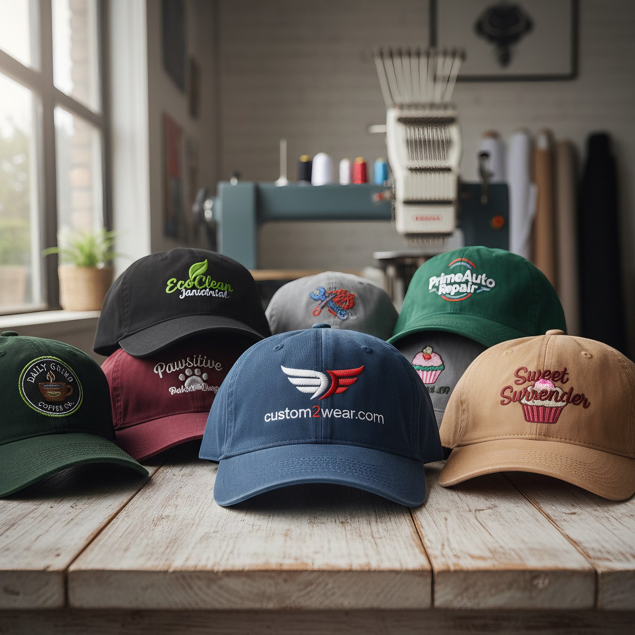 Collection of custom embroidered hats including dad hats trucker caps and snapbacks in various colors