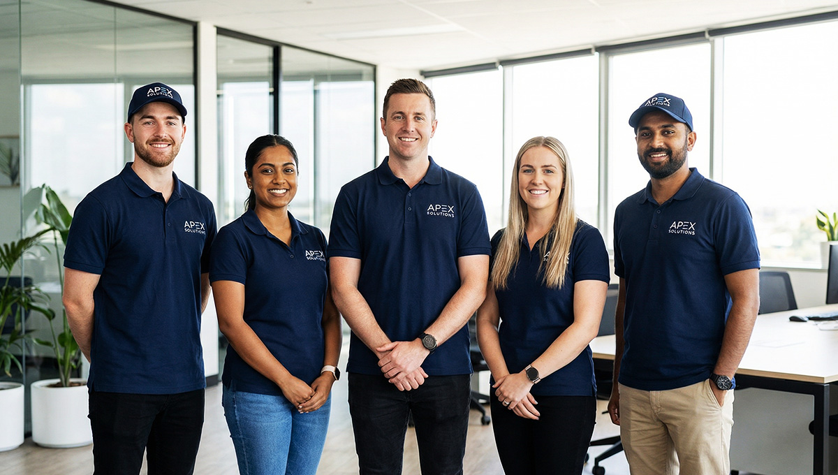 Small business employees wearing custom embroidered polo shirts and branded hats representing professional employee uniforms for small business
