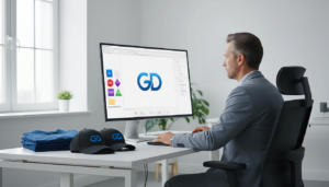 Embroidery file formats displayed on computer screen including AI EPS DST and PES files for logo digitizing