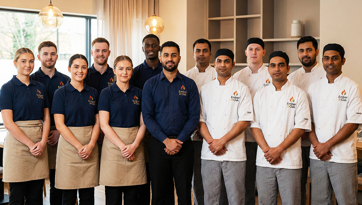 Restaurant staff uniforms with embroidered logos worn by servers and kitchen staff in a professional restaurant setting