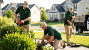 Landscaping company uniforms with embroidered logos worn by professional lawn care crew