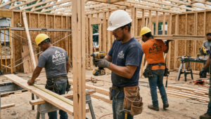 construction crew wearing branded work shirts with company logo on job site