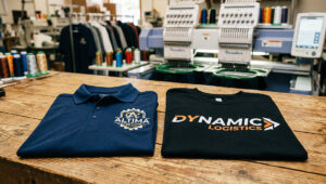Embroidery vs screen printing business apparel comparison showing stitched logo on polo and printed logo on t-shirt