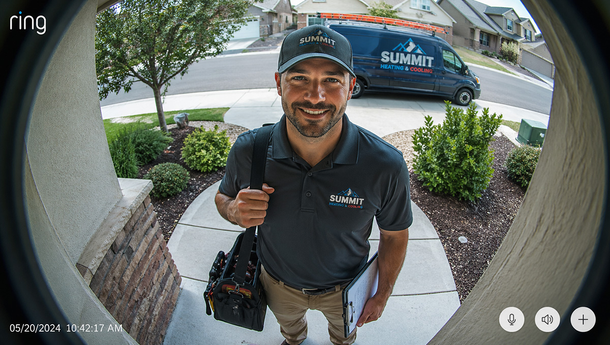 Ring doorbell camera view of professional technician wearing branded employee apparel at customer front door