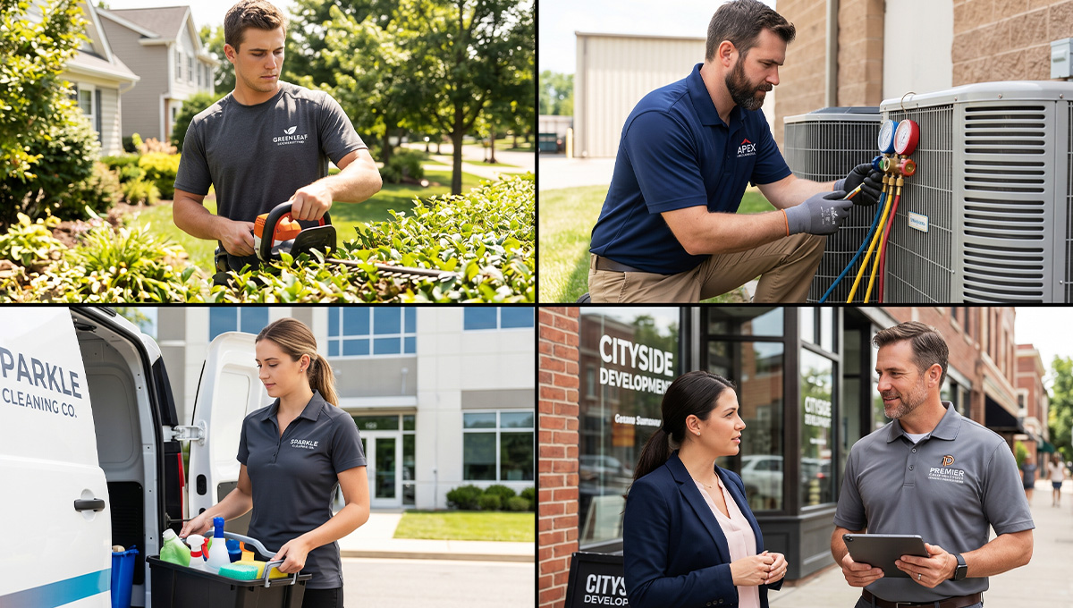 Split-screen collage of workers wearing breathable logo work shirts in summer job settings