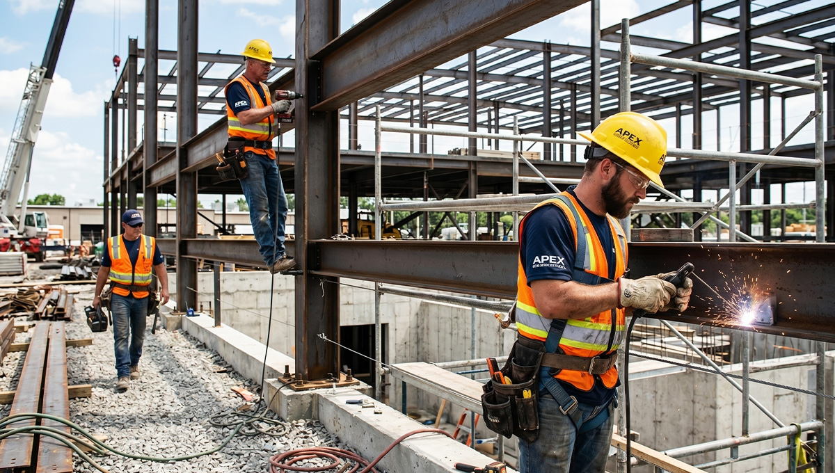 Construction workers wearing branded construction company uniforms on an active jobsite