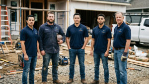 team wearing professional company apparel with logo at job site