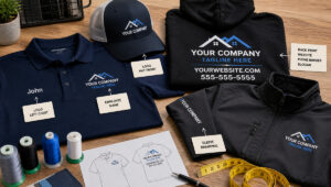 Company uniform branding layout showing custom polo, hat, hoodie, and jacket with logo placement ideas