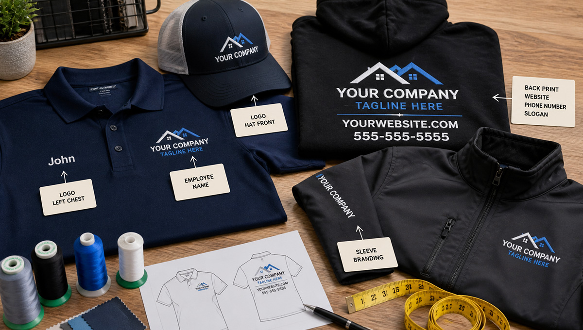 Company uniform branding layout showing custom polo, hat, hoodie, and jacket with logo placement ideas