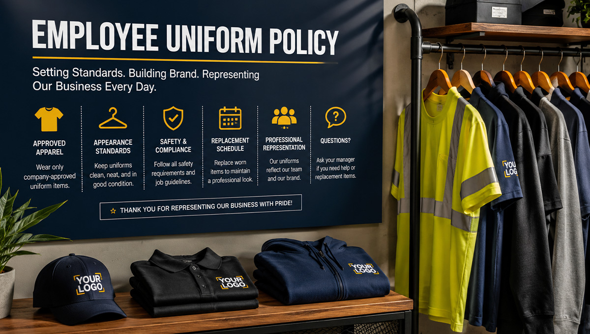 Employee uniform policy display with branded work shirts, safety apparel, hats, and company apparel guidelines for small business employees.
