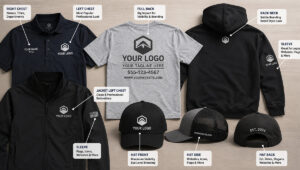 Logo placement guide showing left chest, full back, sleeve, neck, and hat decoration ideas for custom business apparel