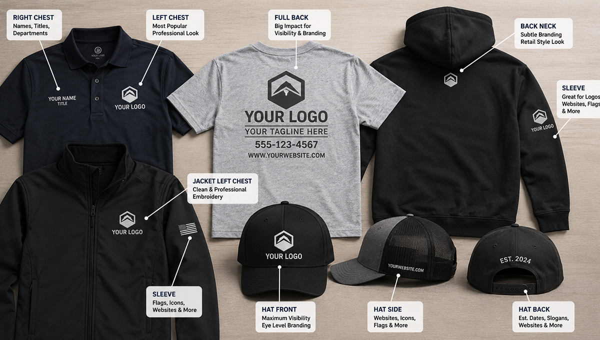 Logo placement guide showing left chest, full back, sleeve, neck, and hat decoration ideas for custom business apparel