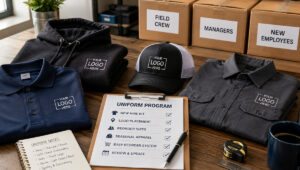 Organized small business uniform program with branded polos, hats, hoodies, and employee apparel checklist