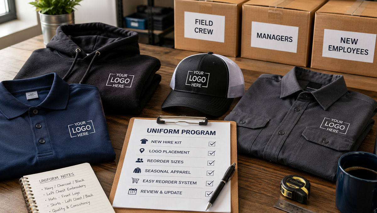 Organized small business uniform program with branded polos, hats, hoodies, and employee apparel checklist