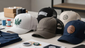 Custom hats for business including embroidered hats, trucker hats, dad hats, and patch hats arranged for company branding