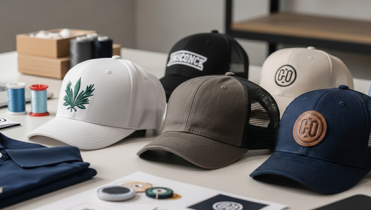 Custom hats for business including embroidered hats, trucker hats, dad hats, and patch hats arranged for company branding
