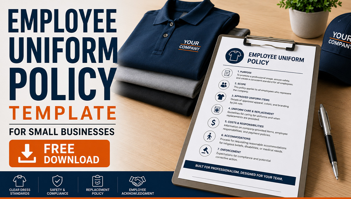 Employee uniform policy template beside branded work shirts and a small business dress code checklist