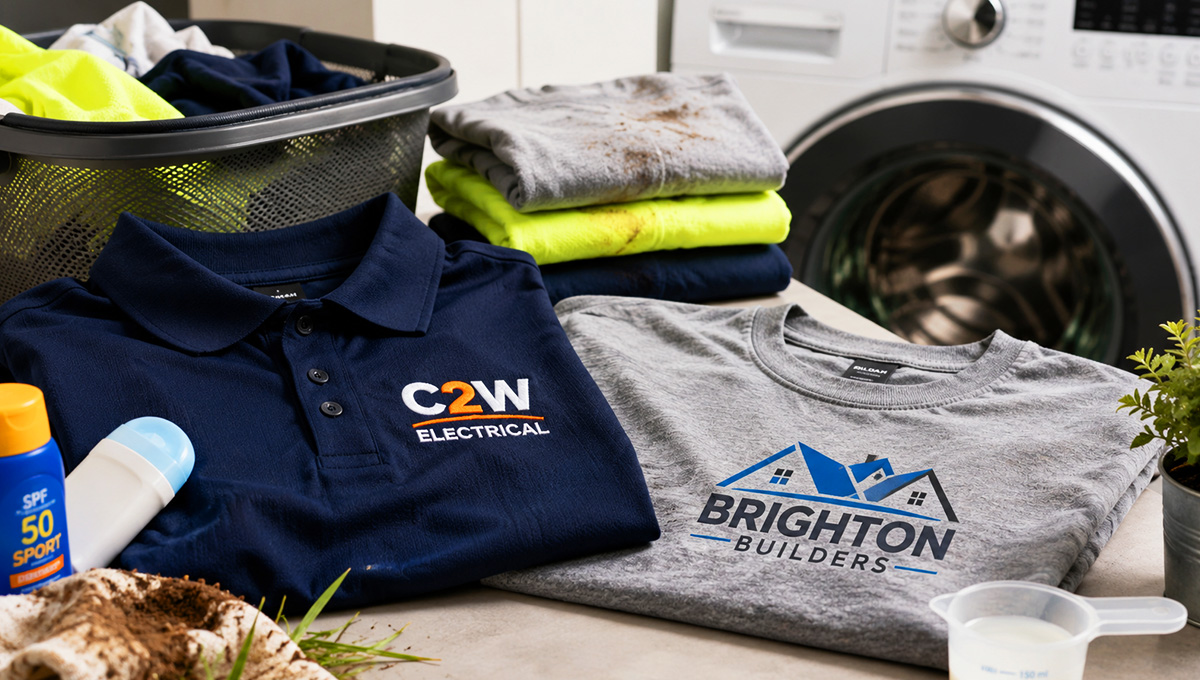 Embroidered polo and printed work shirt being prepared for proper summer uniform washing