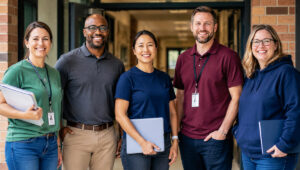 School teachers and staff wearing coordinated custom T-shirts and embroidered polos for a back-to-school event