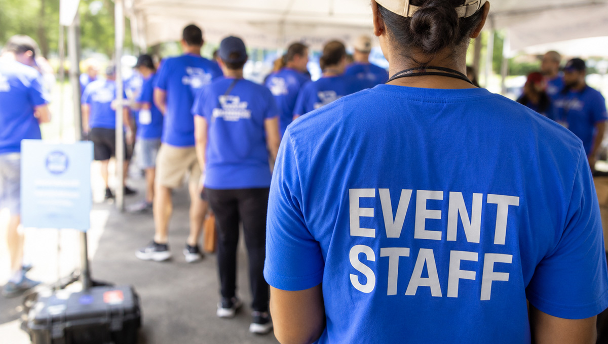 Event organizer planning a custom shirt order timeline with branded apparel samples and a calendar