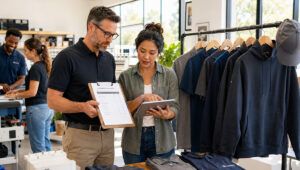 Small business owner calculating employee uniform cost for custom shirts, polos, hoodies and jackets