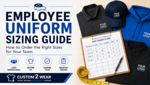 employee uniform sizing guide with business owner reviewing custom apparel sizes