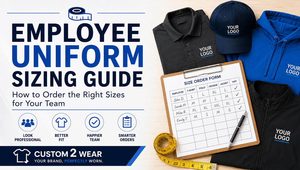 employee uniform sizing guide with business owner reviewing custom apparel sizes
