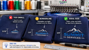 How small can embroidery be comparison showing different text and logo sizes on embroidered polo fabric