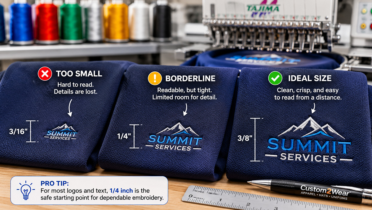 How small can embroidery be comparison showing different text and logo sizes on embroidered polo fabric
