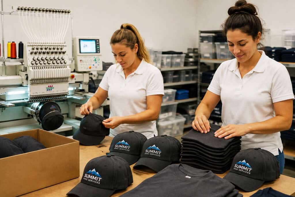 Two apparel production employees preparing a bulk order of embroidered HVAC company hats beside a commercial embroidery machine.