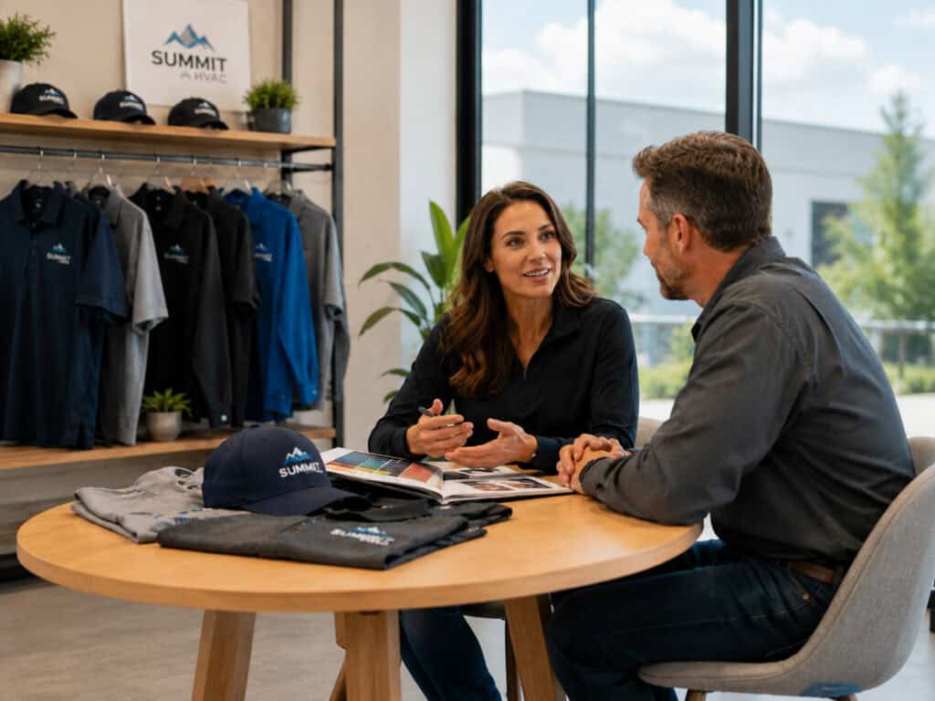 Custom apparel consultation with a business customer reviewing branded uniforms, polos, and hats for an HVAC team.