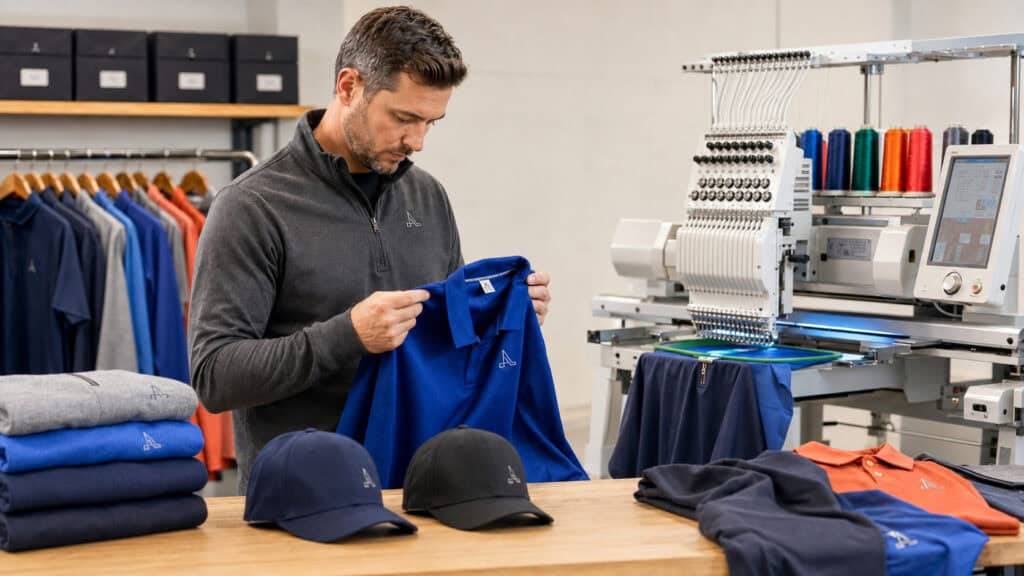 Custom apparel professional inspecting an embroidered polo beside a commercial embroidery machine in a production workspace.