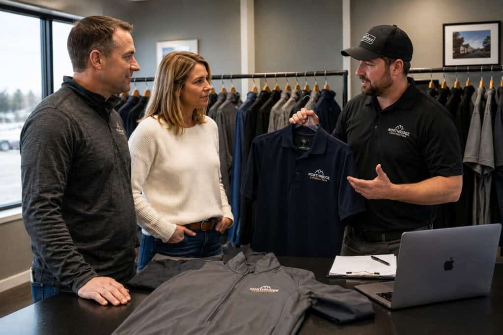 Business owners reviewing custom embroidered polos and workwear in an apparel showroom