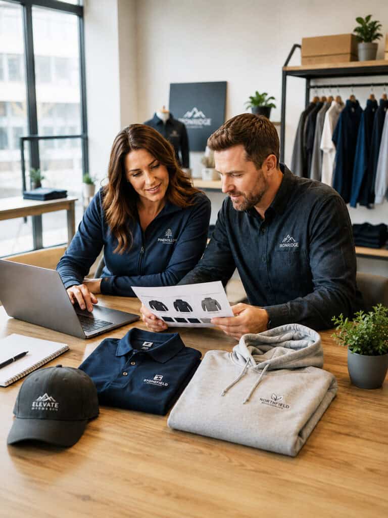Business team reviewing custom embroidered apparel and branded clothing options