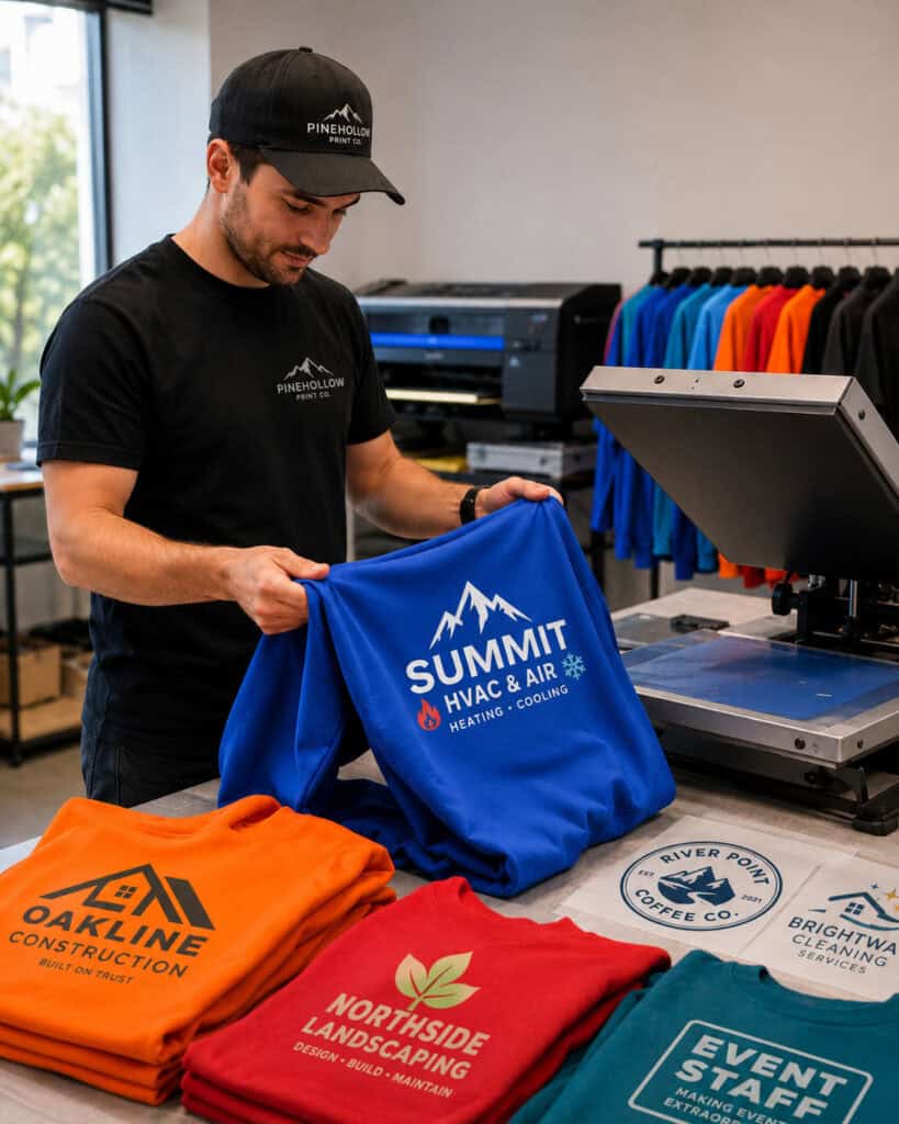 Custom apparel printing workspace with a printed business sweatshirt and branded shirts for HVAC, construction, landscaping, cleaning, coffee shop, and event staff teams.