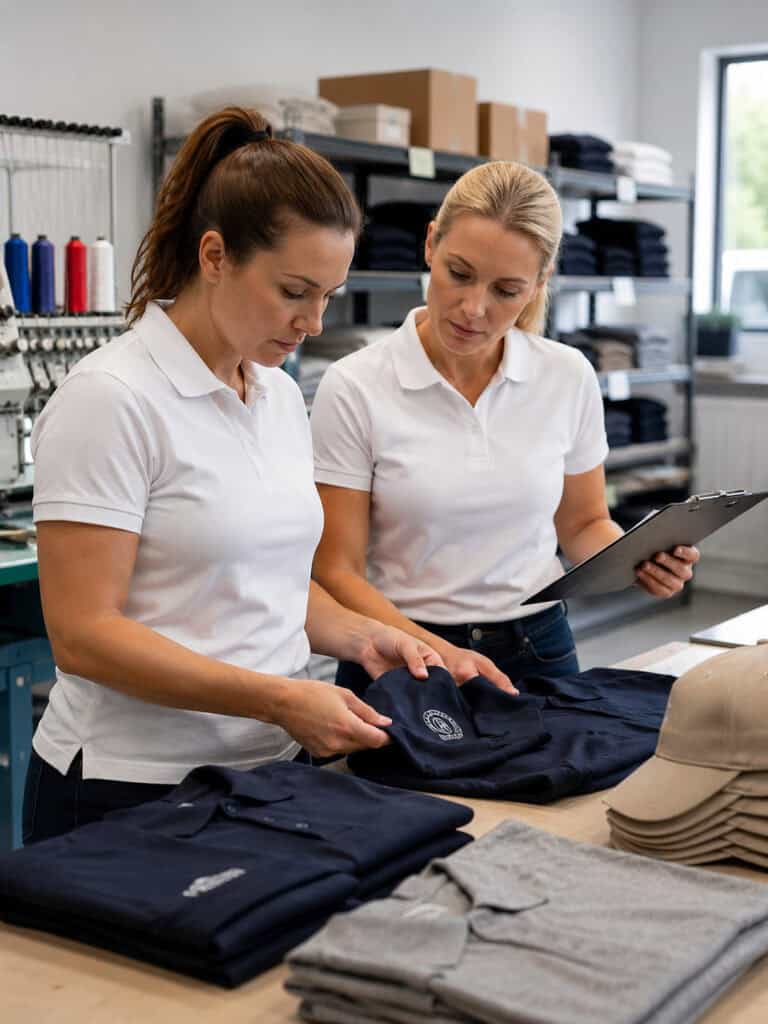 Two women in white polo shirts inspecting embroidered business apparel and caps in a custom apparel production workshop.