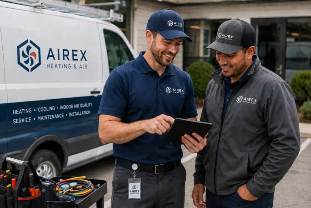HVAC service technicians in branded uniforms reviewing a tablet beside their service van