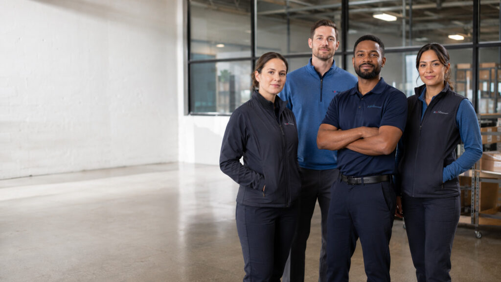 Business team wearing custom embroidered polos, hoodies and branded workwear