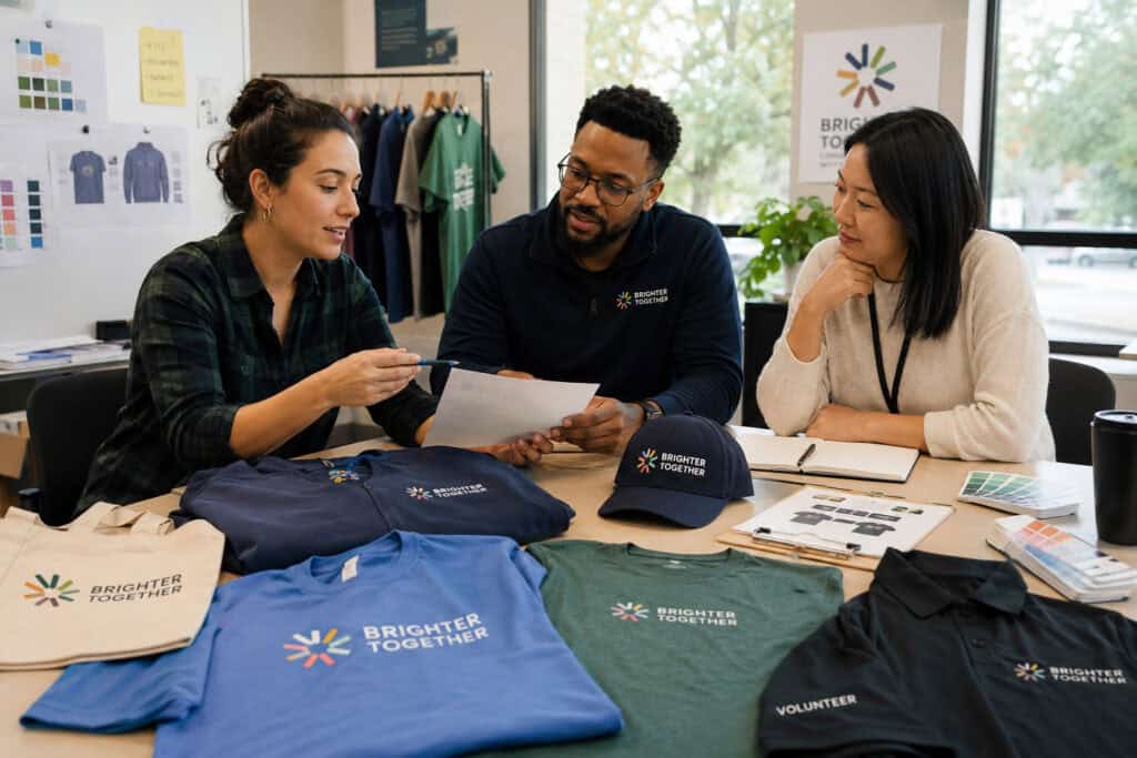 Organization team reviewing custom T-shirts, hats, polos, and volunteer apparel for an upcoming event