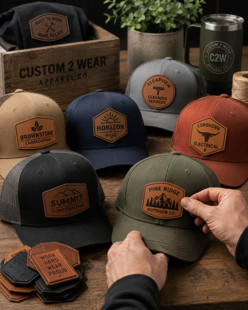 Custom leather patch hats for construction, landscaping, HVAC, cleaning, electrical, and outdoor business teams displayed in an apparel workshop.