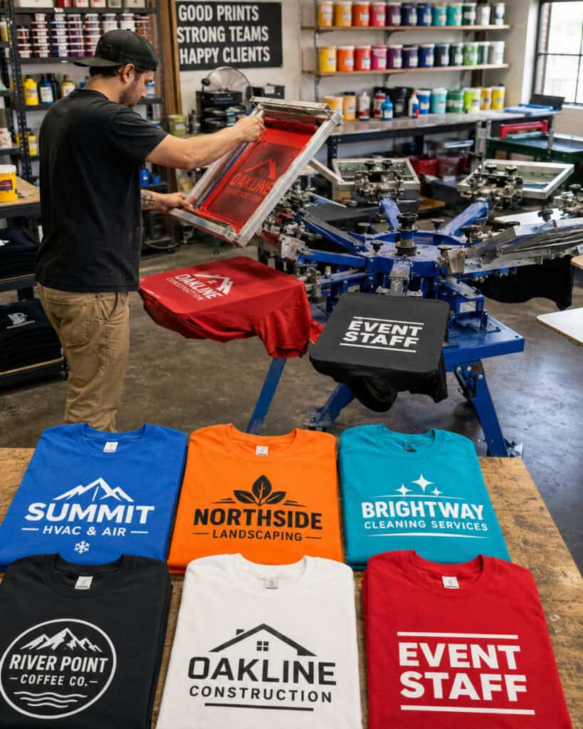 Screen printing shop producing custom business and team T-shirts for HVAC, construction, landscaping, cleaning services, coffee shop, and event staff apparel.