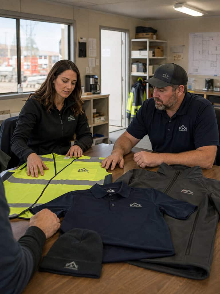 Construction team reviewing custom workwear options in a site office with branded apparel samples on the table